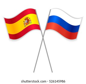 Spanish and Russian crossed flags. Spain combined with Russia isolated on white. Language learning, international business or travel concept.