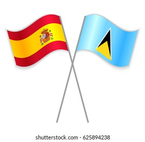 Spanish and Saint Lucian crossed flags. Spain combined with Saint Lucia isolated on white. Language learning, international business or travel concept.