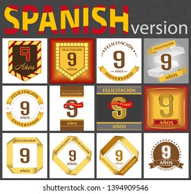 Spanish set of number nine years (9 years) celebration design. Anniversary number template elements for your birthday party. Translated from the German - congratulation, years, anniversary