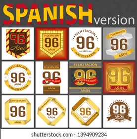 Spanish set of number ninety-six years (96 years) celebration design. Anniversary number template elements for your birthday party. Translated from the German - congratulation, years, anniversary