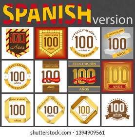 Spanish set of number one hundred years (100 years) celebration design. Anniversary number template elements for your birthday party. Translated from the German - congratulation, years, anniversary