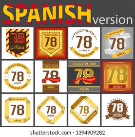 Spanish set of number seventy-eight years (78 years) celebration design. Anniversary number template elements for your birthday party. Translated from the German - congratulation, years, anniversary