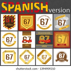 Spanish set of number sixty-seven years (67 years) celebration design. Anniversary number template elements for your birthday party. Translated from the German - congratulation, years, anniversary