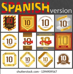 Spanish set of number ten years (10 years) celebration design. Anniversary number template elements for your birthday party. Translated from the German - congratulation, years, anniversary