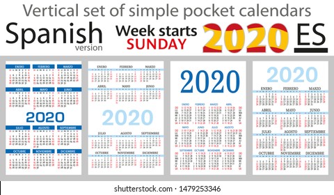 Spanish set of pocket calendars for 2020 (Two thousand nineteen). Week starts sunday. New year. Color simple design. Vector