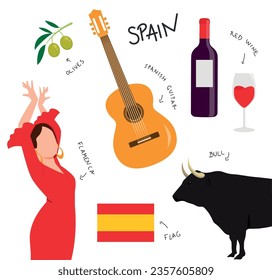 Spanish set. Traditional representative set figures. Flamenca, Spanish guitar, red wine, bull, flag and olives. White background. Descriptive text