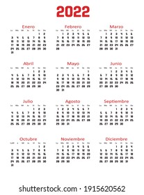 Spanish simple pocket calendar with days in black, 2022 years