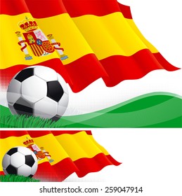 Spanish soccer. Vector background and banner of soccer ball and Spanish flag on green grass.  