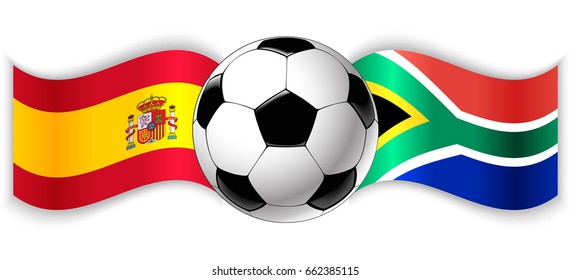 Spanish and South African wavy flags with football ball. Spain combined with South Africa isolated on white. Football match or international sport competition concept.