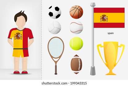 Spanish sportsman with sport equipment collection vector illustrations