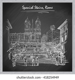Spanish Stairs with tourists. Sketch imitating chalk drawing on a blackboard. Sketch is isolated on a separate layer. EPS10 vector illustration.