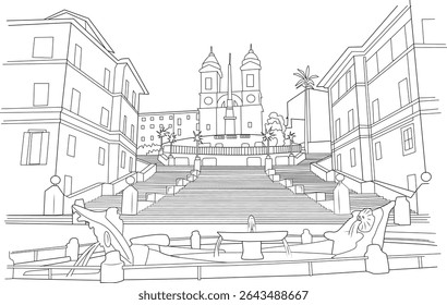 Escadaria Espanhola Roma Itália Line Art, ilustração da famosa Escadaria Espanhola (Scalinata di Trinit� dei Monti) em Roma, Itália. A ilustração inclui a fonte Fontana della Barcaccia