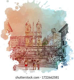 Spanish Steps in Rome, Italy. Vintage design. Linear sketch on a watercolor textured background. EPS10 vector illustration
