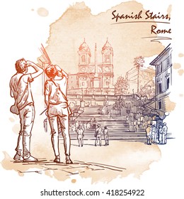 Spanish Steps with tourists wandering around and a young couple at the front. Sketch imitating ink pen drawing with a grunge background on a separate layer. EPS10 vector illustration.
