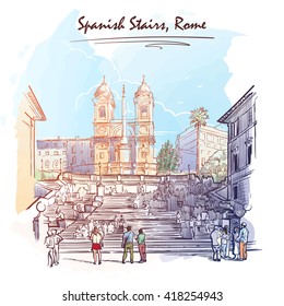 Spanish Steps with tourists wandering around and a young couple at the front. Watercolor imitating painted sketch. EPS10 vector illustration.