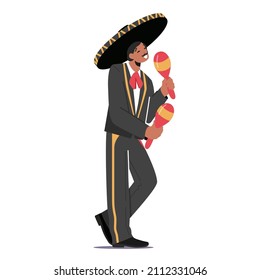 Spanish Street Band Player Mariachi Plays Maracas, Isolated Performer Character with Musical Instruments, Mariachi Player in Sombrero Hat and Black National Costume. Cartoon People Vector Illustration