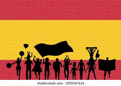 Spanish supporter silhouette in front of brick wall with Spain flag. All the objects, silhouettes and the brick wall are in different layers. 