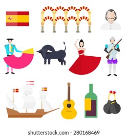 Spanish symbols, signs and landmarks. Barcelona. Spanish Armada. Bullfighting. Torero. Bull. Spanish flag. Castanets. Guitar. Vine. Salsa. Warship.