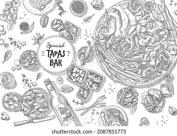 Spanish tapas bar. The frame with the mixed spanish traditional food dishes. Sketchy hand-drawn vector illustration. 