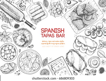 Spanish tapas  top view frame  A set spanish dishes and bocadillo  jamon  patatas bravas  tapas  Food menu design template  Vintage hand drawn sketch vector illustration  Engraved image 