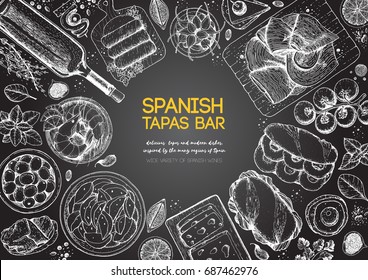 Spanish tapas, top view frame. A set of spanish dishes with bocadillo, jamon, patatas bravas, tapas. Food menu design template. Vintage hand drawn sketch vector illustration. Engraved image