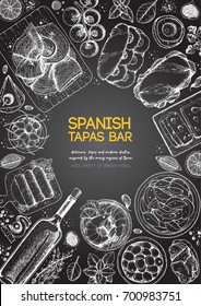 Spanish tapas, top view frame. A set of spanish dishes with bocadillo, jamon, patatas bravas, tapas. Food menu design template. Vintage hand drawn sketch vector illustration. Engraved image.