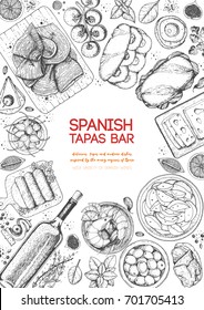 tapas españolas, marco de vista superior. Un conjunto de platos españoles con bocadillo, jamón, patatas bravas, tapas. Plantilla de diseño de menú de comida. Dibujo vintage dibujado a mano ilustración vectorial. Imagen grabada.