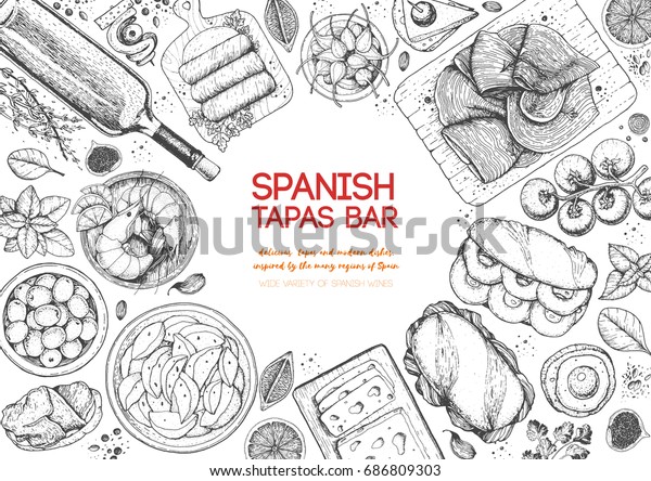 Spanish tapas, top view frame. A set of spanish\
dishes with bocadillo, jamon, patatas bravas, tapas. Food menu\
design template. Vintage hand drawn sketch vector illustration.\
Engraved image.