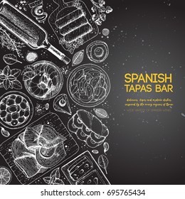 Spanish tapas, top view. A set of spanish dishes with bocadillo, jamon, patatas bravas, tapas. Food menu design template. Vintage hand drawn sketch vector illustration. Engraved image.