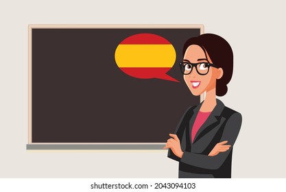 Spanish Teacher Standing in Front of the Blackboard Vector Illustration. Female professor teaching a foreign language in front of the classroom chalkboard 
