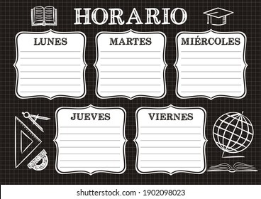 Plantilla española de un horario escolar de 5 días de la semana para estudiantes. Ilustración vectorial en estilos chalky para España. Incluye elementos hechos a mano sobre un tema escolar. Traducción: Horario
