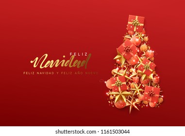 Spanish text Feliz Navidad Translation: Merry Christmas. Christmas greeting card. Creative composition in shape Xmas tree, with elegant stars and baubles balls, boxes gift.