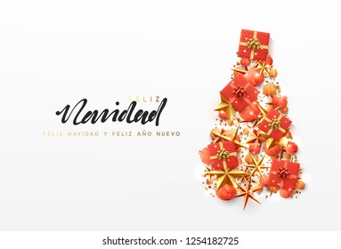 Spanish text Feliz Navidad. Christmas greeting card. Creative composition in shape Xmas tree, with elegant stars and baubles balls, boxes gift.