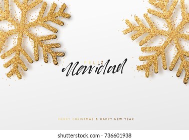 Spanish text Feliz Navidad. Christmas background with realistic bright snowflakes