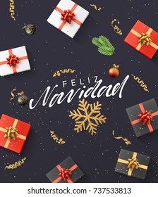 Spanish text Feliz Navidad. Christmas composition, gift, confetti, golden snowflake and balls, xmas tree branch.