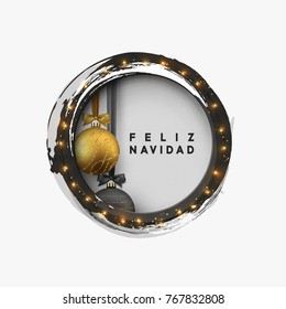 Spanish text Feliz Navidad. Christmas greeting illustration. Round hole, black abstract frame, with bright light golden garlands, and xmas ornaments balls. 