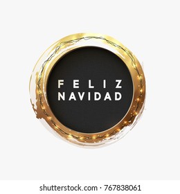 Spanish text Feliz Navidad. Christmas greeting illustration. Round hole, black abstract frame, with bright light golden garlands. Xmas Background, vector cards 