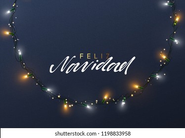 Spanischer Text Feliz Navidad. Fröhliche Weihnachtsbeleuchtung Wreath für Weihnachten Grußkarten Design. 