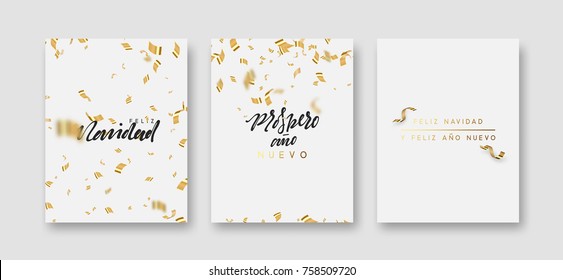 Spanish text Feliz Navidad. Merry Christmas and Happy New Year greeting card. Background flying golden confetti and serpentine