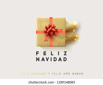 Spanish text Feliz Navidad. Vector illustration letttering Merry Christmas, gift box closed wrapped ribbon with bow. Xmas greeting card, banner, poster.