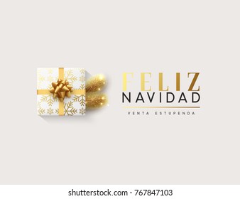 Spanish text Feliz Navidad. Vector illustration letttering Merry Christmas, gift box closed wrapped ribbon with bow. Xmas greeting card, banner, poster.