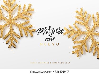 Spanish text Feliz Navidad y Prospero ano Nuevo. Christmas background with realistic bright snowflakes