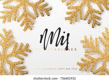 Spanish text  Mis felicitaciones y Feliz Navidad. Christmas background with realistic bright snowflakes