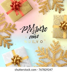 Spanish text Prospero ano Nuevo. Christmas background with shining gold snowflakes and gift box.