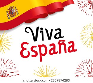 Spanish text Viva Espana, translation - Long Live Spain. Greeting card design with Spanish popular phrase. 3D waving flag. Holiday background. Red and yellow colors.