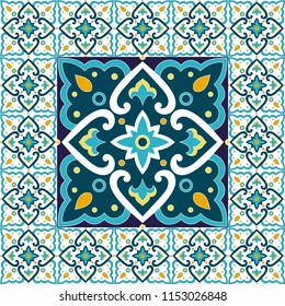 Spanish tile pattern floor vector with mosaic print. Big ceramic element in center is framed. Background with portuguese azulejos, mexican talavera, italian sicily majolica, moroccan motifs.