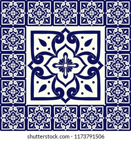 Spanish tile pattern floor vector with ceramic print. Big element in center is framed. Background with portuguese azulejos, mexican talavera, italian sicily majolica, moroccan, delft dutch motifs.