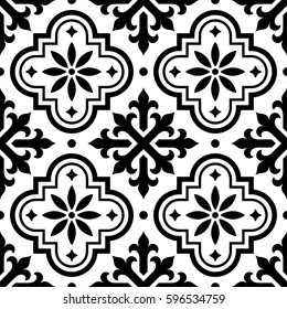 Spanish tile pattern, Moroccan tiles design, seamless black and white background - Azulejo