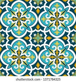 Spanish tile pattern seamless vector with vintage ornaments. Portuguese azulejos, mexican talavera, italian sicily majolica design. Ceramic background for kitchen wallpaper or bathroom floor.