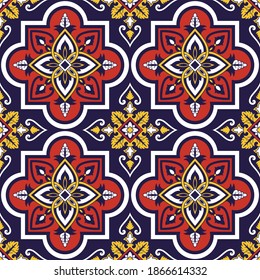 Spanish tile pattern seamless vector with flower ornaments. Portuguese azulejos, mexican talavera, italian sicily majolica, venetian design. Ceramic background for kitchen wall or bathroom floor.